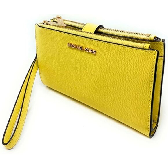 S Michael Kors Double Zip Wristlet Sunshine Leather Yellow - Picture 1 of 6